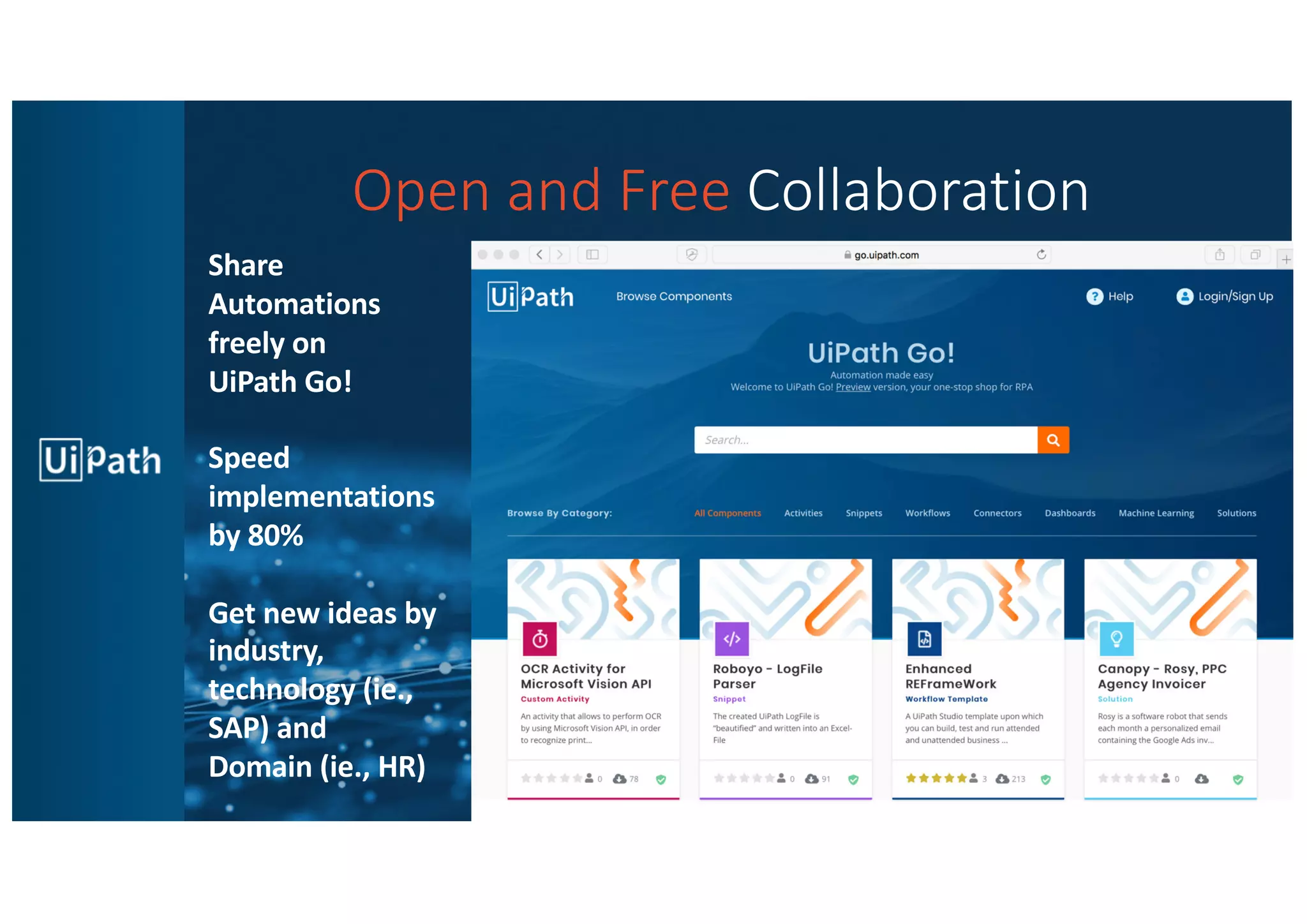 21
True Enterprise RPA
Open and Free Collaboration
Share
Automations
freely on
UiPath Go!
Speed
implementations
by 80%
Get new ideas by
industry,
technology (ie.,
SAP) and
Domain (ie., HR)
 