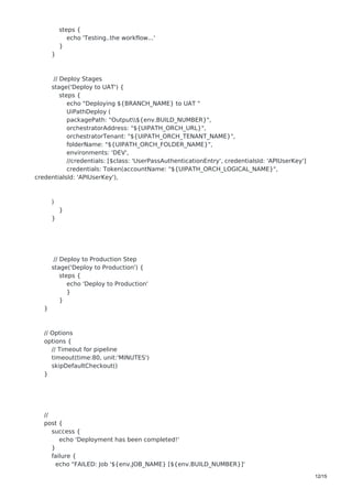 steps {
echo 'Testing..the workflow...'
}
}
// Deploy Stages
stage('Deploy to UAT') {
steps {
echo "Deploying ${BRANCH_NAME} to UAT "
UiPathDeploy (
packagePath: "Output${env.BUILD_NUMBER}",
orchestratorAddress: "${UIPATH_ORCH_URL}",
orchestratorTenant: "${UIPATH_ORCH_TENANT_NAME}",
folderName: "${UIPATH_ORCH_FOLDER_NAME}",
environments: 'DEV',
//credentials: [$class: 'UserPassAuthenticationEntry', credentialsId: 'APIUserKey']
credentials: Token(accountName: "${UIPATH_ORCH_LOGICAL_NAME}",
credentialsId: 'APIUserKey'),
)
}
}
// Deploy to Production Step
stage('Deploy to Production') {
steps {
echo 'Deploy to Production'
}
}
}
// Options
options {
// Timeout for pipeline
timeout(time:80, unit:'MINUTES')
skipDefaultCheckout()
}
//
post {
success {
echo 'Deployment has been completed!'
}
failure {
echo "FAILED: Job '${env.JOB_NAME} [${env.BUILD_NUMBER}]'
12/15
 