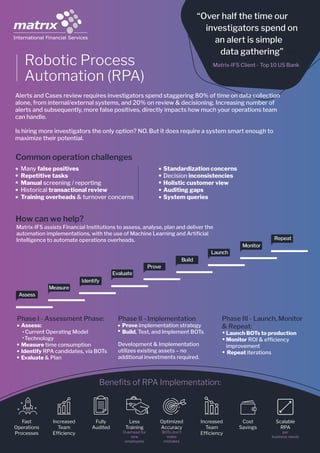 Beneﬁts of RPA Implementation:
Robotic Process
Automation (RPA)
Alerts and Cases review requires investigators spend staggering 80% of time on data collection
alone, from internal/external systems, and 20% on review & decisioning. Increasing number of
alerts and subsequently, more false positives, directly impacts how much your operations team
can handle.
Is hiring more investigators the only option? NO. But it does require a system smart enough to
maximize their potential.
Many false positives
Repetitive tasks
Manual screening / reporting
Historical transactional review
Training overheads & turnover concerns
Standardization concerns
Decision inconsistencies
Holistic customer view
Auditing gaps
System queries
Common operation challenges
“Over half the time our
investigators spend on
an alert is simple
data gathering”
Matrix-IFS assists Financial Institutions to assess, analyse, plan and deliver the
automation implementations, with the use of Machine Learning and Artiﬁcial
Intelligence to automate operations overheads.
How can we help?
Fast
Operations
Processes
Increased
Team
Efﬁciency
Fully
Audited
Less
Training
Overhead for
new
employees
Optimized
Accuracy
BOTs don’t
make
mistakes
Increased
Team
Efﬁciency
Cost
Savings
Scalable
RPA
per
business needs
Launch
Repeat
Assess
Measure
Identify
Evaluate
Monitor
Prove
Build
Phase I - Assessment Phase:
Assess:
Current Operating Model
Technology
Measure time consumption
Identify RPA candidates, via BOTs
Evaluate & Plan
Phase II - Implementation
Prove implementation strategy
Build, Test, and Implement BOTs
Development & Implementation
utilizes existing assets – no
additional investments required.
Phase III - Launch, Monitor
& Repeat:
Launch BOTs to production
Monitor ROI & efﬁciency
improvement
Repeat iterations
Matrix-IFS Client - Top 10 US Bank
////
 