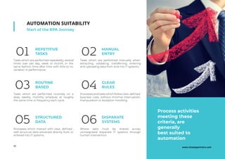 11
AUTOMATION SUITABILITY
Start of the RPA Journey
ROUTINE
BASED
REPETITIVE
TASKS01 02
03
05 06
04
Tasks which are performed routinely on a
daily, weekly, monthly schedule, at roughly
the same time or frequency each cycle.
Tasks which are performed repeatedly, several
times over per day, week or month, in the
same fashion, time after time with little to no
variation in performance.
MANUAL
ENTRY
STRUCTURED
DATA
DISPARATE
SYSTEMS
CLEAR
RULES
Tasks which are performed manually when
extracting, validating, transferring, entering
and uploading data from and into IT systems.
Processes and tasks which follow clear, deﬁned
business rules, without minimal interruption,
manipulation or exception handling.
Processes which interact with clear, deﬁned ,
well structure data extracted directly from or
entered into IT systems.
Where data must be shared across
unintegrated disparate IT systems through
human intervention.
Process activities
meeting these
criteria, are
generally
best suited to
automation
www.chazeypartners.com
 