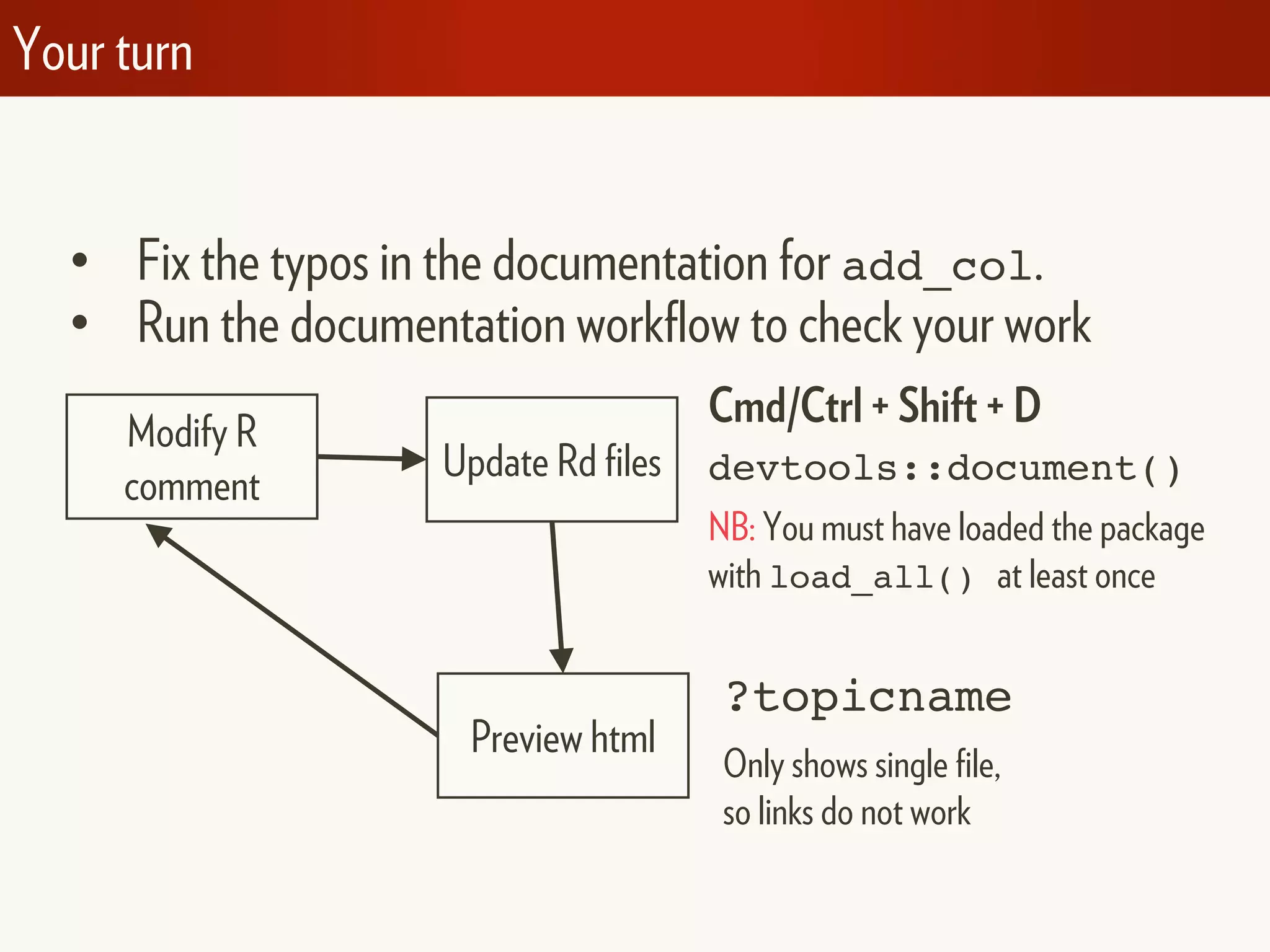 Your turn
• Fix the typos in the documentation for add_col.
• Run the documentation workflow to check your work
Modify R
comment
Update Rd files
Preview html
Cmd/Ctrl + Shift + D
devtools::document()
NB: You must have loaded the package
with load_all() at least once
?topicname
Only shows single file,
so links do not work
 