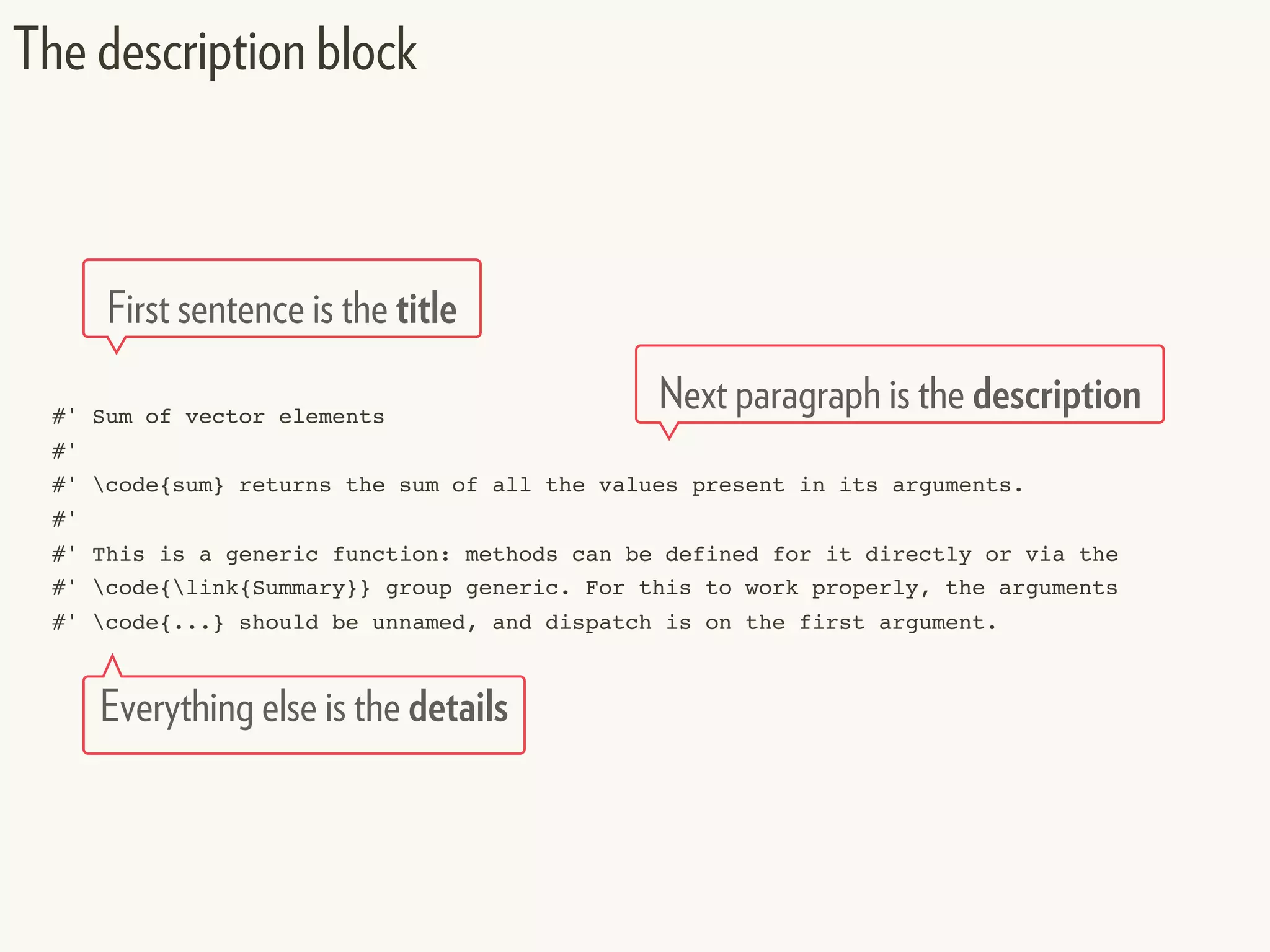 #' Sum of vector elements
#'
#' code{sum} returns the sum of all the values present in its arguments.
#'
#' This is a generic function: methods can be defined for it directly or via the
#' code{link{Summary}} group generic. For this to work properly, the arguments
#' code{...} should be unnamed, and dispatch is on the first argument.
The description block
First sentence is the title
Next paragraph is the description
Everything else is the details
 