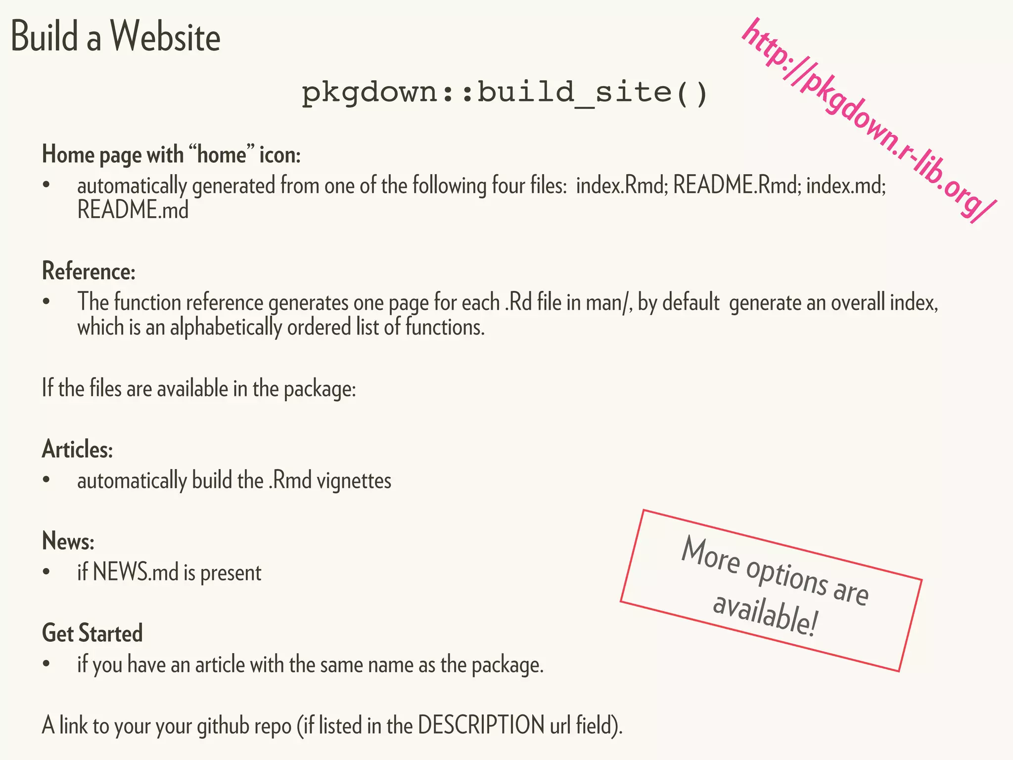 pkgdown::build_site()
Home page with “home” icon:
• automatically generated from one of the following four files: index.Rmd; README.Rmd; index.md;
README.md
Reference:
• The function reference generates one page for each .Rd file in man/, by default generate an overall index,
which is an alphabetically ordered list of functions.
If the files are available in the package:
Articles:
• automatically build the .Rmd vignettes
News:
• if NEWS.md is present
Get Started
• if you have an article with the same name as the package.
A link to your your github repo (if listed in the DESCRIPTION url field).
Build a Website http://pkgdown.r-lib.org/
More options areavailable!
 