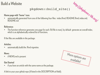 pkgdown::build_site()
Home page with “home” icon:
• automatically generated from one of the following four files: index.Rmd; README.Rmd; index.md;
README.md
Reference:
• The function reference generates one page for each .Rd file in man/, by default generate an overall index,
which is an alphabetically ordered list of functions.
If the files are available in the package:
Articles:
• automatically build the .Rmd vignettes
News:
• if NEWS.md is present
Get Started
• if you have an article with the same name as the package.
A link to your your github repo (if listed in the DESCRIPTION url field).
Build a Website http://pkgdown.r-lib.org/
More options areavailable!
 