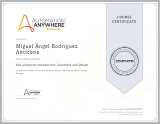 EDUCA
T
ION FOR EVE
R
YONE
CO
U
R
S
E
C E R T I F
I
C
A
TE
COURSE
CERTIFICATE
06/20/2020
Miguel Ángel Rodríguez
Anticona
RPA Lifecycle: Introduction, Discovery and Design
an online non-credit course authorized by Automation Anywhere and offered through
Coursera
has successfully completed
Automation Anywhere Pvt Ltd.
Verify at coursera.org/verify/BYEHZ4XVLZFP
Coursera has confirmed the identity of this individual and
their participation in the course.
 