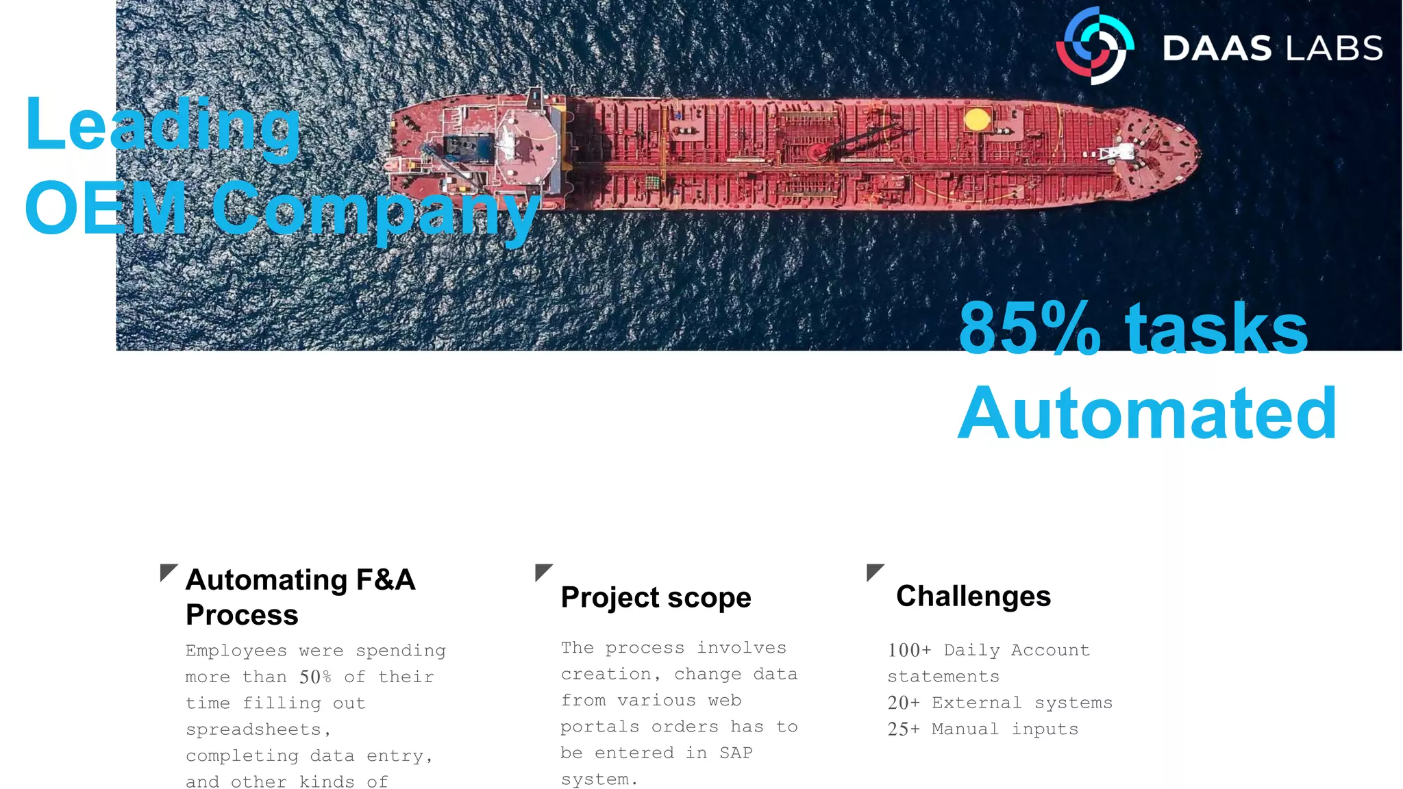 100+ Daily Account
statements
20+ External systems
25+ Manual inputs
Challenges
Employees were spending
more than 50% of their
time filling out
spreadsheets,
completing data entry,
and other kinds of
Automating F&A
Process
The process involves
creation, change data
from various web
portals orders has to
be entered in SAP
system.
Project scope
Leading
OEM Company
85% tasks
Automated
 