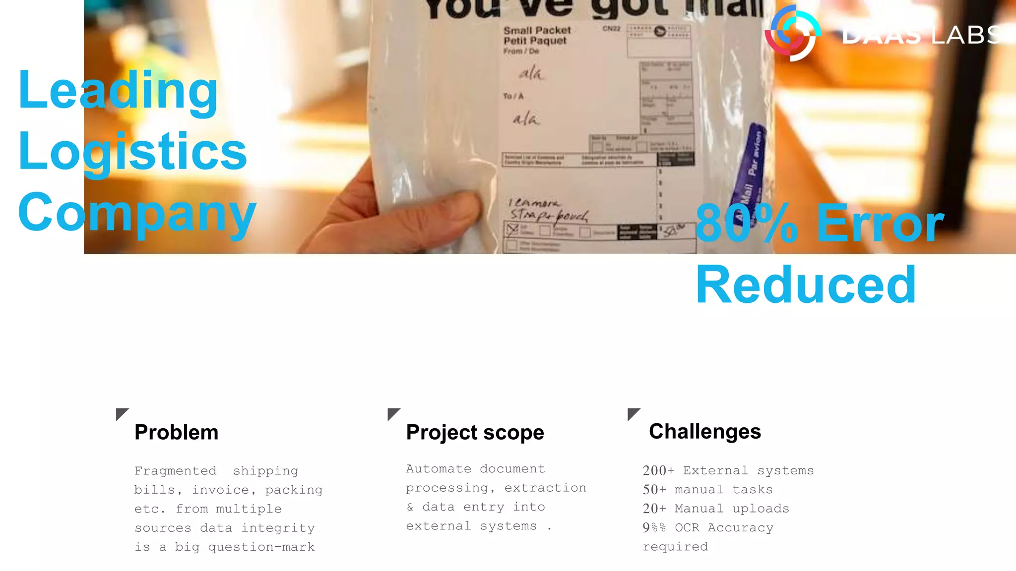 200+ External systems
50+ manual tasks
20+ Manual uploads
9%% OCR Accuracy
required
Challenges
Fragmented shipping
bills, invoice, packing
etc. from multiple
sources data integrity
is a big question-mark
Problem
Automate document
processing, extraction
& data entry into
external systems .
Project scope
Leading
Logistics
Company 80% Error
Reduced
 
