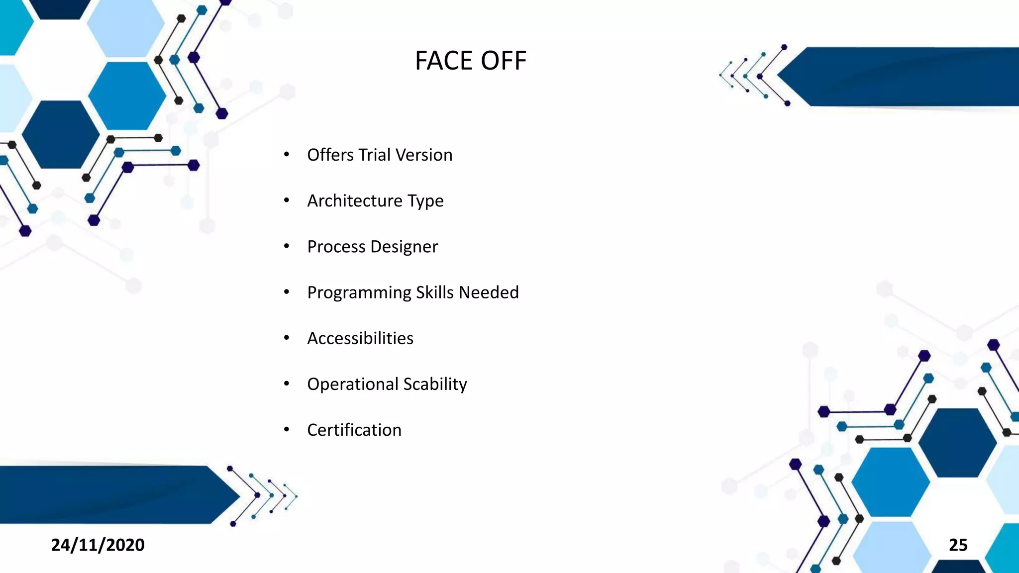 24/11/2020 25 2524/11/2020
FACE OFF
• Offers Trial Version
• Architecture Type
• Process Designer
• Programming Skills Needed
• Accessibilities
• Operational Scability
• Certification
 