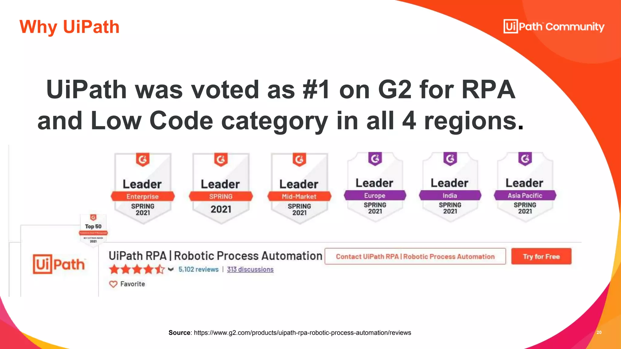 20
Why UiPath
Source: https://www.g2.com/products/uipath-rpa-robotic-process-automation/reviews
UiPath was voted as #1 on G2 for RPA
and Low Code category in all 4 regions.
 