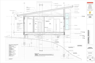 First Floor Plan
0' - 0"
Pier and Foundation
Plan
-2' - 0"
89
Roof Plan
8' - 0 3/8"
Grade
-3' - 0"
1
A5
1'-0"
1
A9
38
1111
1'-31/4"
Minimum
Frost
Minimum
Frost
Minimum
Frost
1'-0"8'-03/8"0'-03/4"
0'-03/4"
1'-2"
2
12
Grade
Grade
Poured concrete footing
See footing schedule for
dimensinos and reinforcing
Simpson CB88 HDG post base
8x8 PT post embedded to minimum frost
with factory applied Postsaver
polyethelene and bitumen boot
8'-03/8"2'-0"1'-0"
20' - 0"
3' - 5"
2' - 11 1/2"
4' - 0"
Poured concrete footing
See footing schedule for
dimensinos and reinforcing
Wood framed fireplace
Metal panel
underfloor finish
ZIP sheathing with
seams taped
Engineered floor truss
3/4" advantech floor sheathing
Locally sourced white pine floor
Gypbd ceiling finish
Loose fill blown in cellulose insulation
See header schedule for sizes
Rigid insulation
Locally milled pine siding with Cabots solid stain
1x3 pine window casing with solid stain
Casement windows
Awning window
Pine drip cap with capillary break
Fibercement soffit panel
Continuouis screened soffit vent
2x8 fascia withsolid stain
1x3 fascia trim with solid stain
Continuous aluminum drip edge
Gypbd
Casement
window
Wood framed fireplace with cultured stone finish
Bluestone chimney cap
Engineered roof truss
5/8" ZIP roof sheathing
with seams taped
Metal roof
See specifications for type
Continuous aluminum drip edge
1x3 fascia trim
2x8 fascia
2x6 top plate
Awning window
Fibercement
soffit panel
Screened
soffit vent
Locally milld pine siding
with Cabots solid stain
ZIP wall sheathing with
seams taped
Dense pack cellulose insulation
2x6 bottom plate
2x6 frame wall using advanced framing
See S drawings for framing details
Minimum
1'-6"
LVL lagged into post
LVL beam
Floor trusses hung on LVL
1. Water Control Layer A sheet, spray or trowel-applied membrane or material layer that controls the passage of liquid water.
2. Air Control Layer Air control layers are materials constructed to control air flow across a building enclosure.
3. Vapor Control Layer The components that are installed in an assembly to control the movement of water by vapor diffusion.
4. Thermal Control Layer The layer in a building that controls the transfer of energy (heat) between the interior and the exterior.
Hygrothermal Layers
Note: All control layers shall be continuous at walls, ceilings, and floors.
Outline specification of Building Assemblies
Pier Assembly
Poured concrete footing to frost as per S drawings
8x8 PT post with Post Saver boot
Angle bracket as per S drawings
Floor Assembly R=53.2 (R30 Min)
3/4" T&G wood flooring
3/4" plywood subfloor
14" engineering floor truss
14" dense pack cellulose insulation
1/2" ZIP sheathing with seams taped
3/4" wood furring strips
Metal Sales PBR metal panel
Wall Assembly R=20.9 (R20 Min)
1/2" gypbd painted
5.5" dense pack cellulose insulation
2x6 wall studs
1/2" ZIP wall sheathing with seams taped
3/4" furring strips
Fiber cement siding prepainted
Roof Assembly R=61.2 (R49 Min)
1/2" gypbd painted
12" raised heel engineered wod truss or TJIh
18" loose fill cellulose insulation
Vented roof
ZIP roof sheathing with seams taped
Metal Sales PBR roof ranel
Study
4
Mech
6
Hall
5
Access door
Mitsubishi ASHP
Water supply
Water supply
ERV supply and exhaust
ASHP line sets
ASHP line sets
Hatch indicates area of
insulated mechanical chase
beyond in fireplace
14
13
Access door
Scale
Project number
Date
Drawn by
DICKERMANRESIDENCE
BLACKFORESTROADLUMBERLAND,SULLIVANCOUNTY,NY
AIA, CPHC, LEED AP BD+C, HERS
129 Sawkill Avenue
Milford PA 18337
Office 570 296 0466
Mobile 267 294 9818
richard@richardpedranti.com
www.richardpedranti.com
Licensed in PA, NY, and NJ
BUILDING
DEPARTMENT
SET
Richard Pedranti is a Certified Passive
House Consultant (CPHC) through the
Passive House Institute US (PHIUS)
P A S S I V E H O U S E
NOT FOR
CONSTRUCTION
3/4" = 1'-0"
5/23/20139:00:55AM
A6
Building Section
12-15
DICKERMAN
5-17-13
RBP
3/4" = 1'-0"
1
Building Section 1
See S drawings for
structural information
 