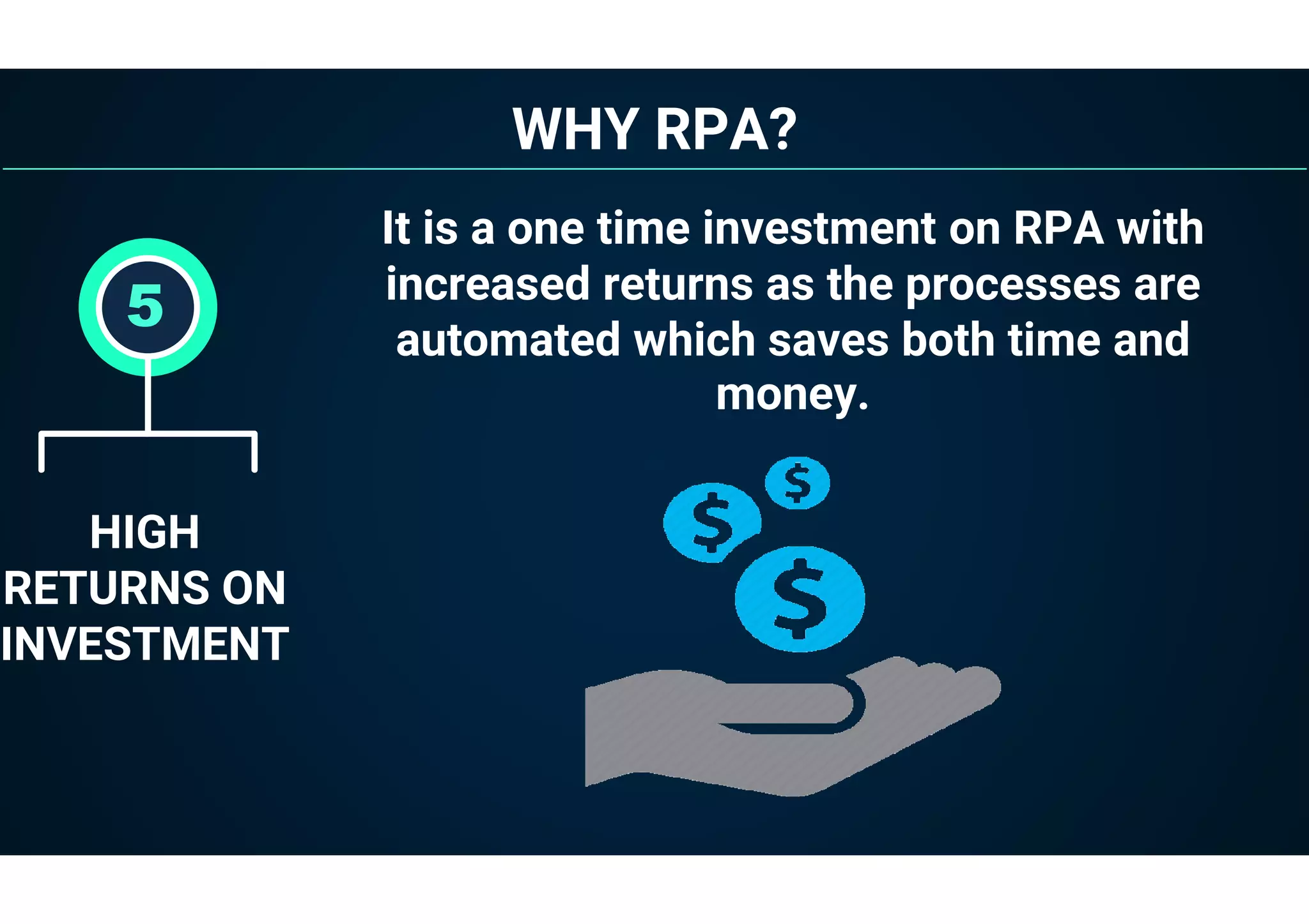 WHY RPA?
HIGH
RETURNS ON
INVESTMENT
5
It is a one time investment on RPA with
increased returns as the processes are
automated which saves both time and
money.
 