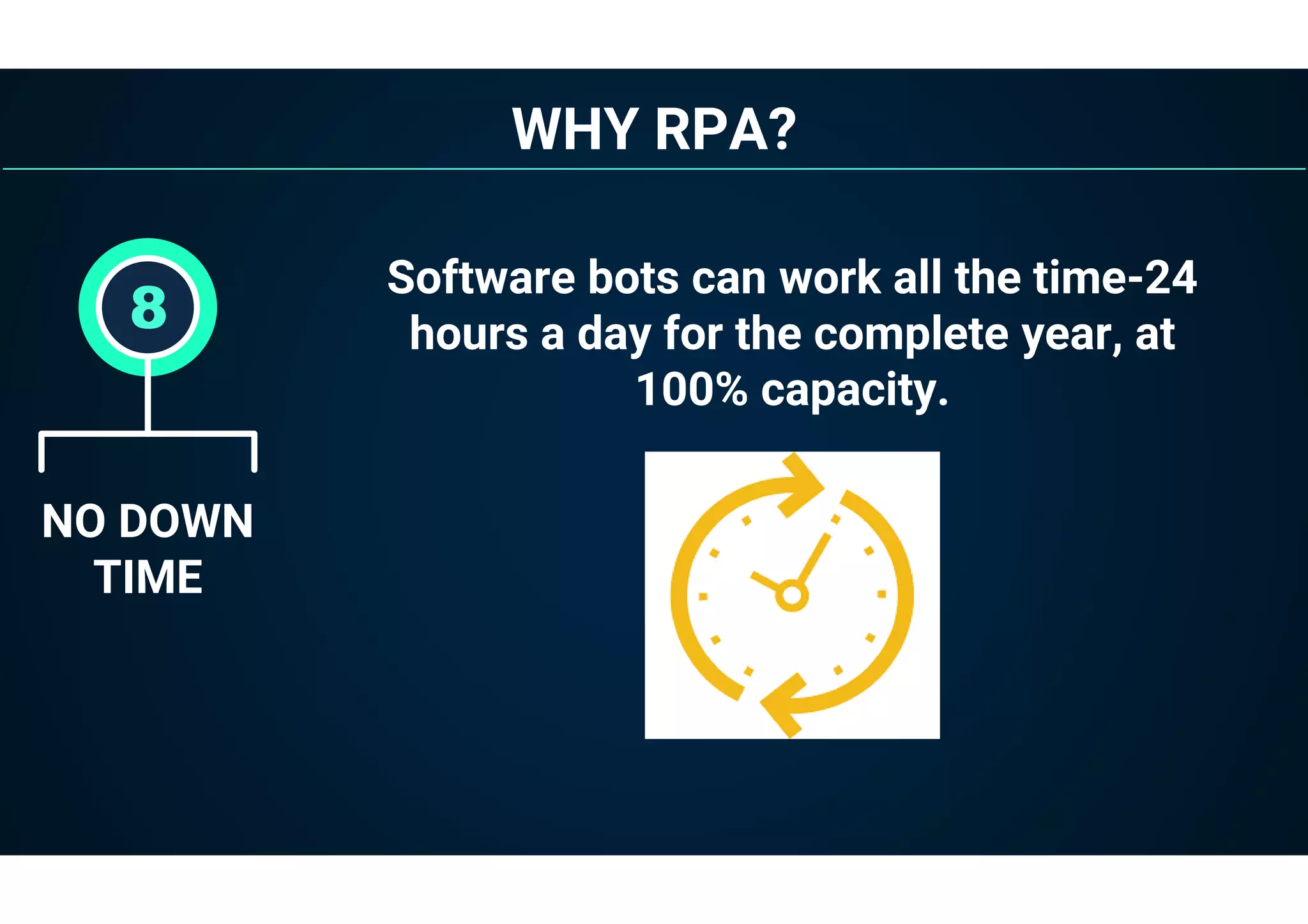 WHY RPA?
NO DOWN
TIME
8
Software bots can work all the time-24
hours a day for the complete year, at
100% capacity.
 