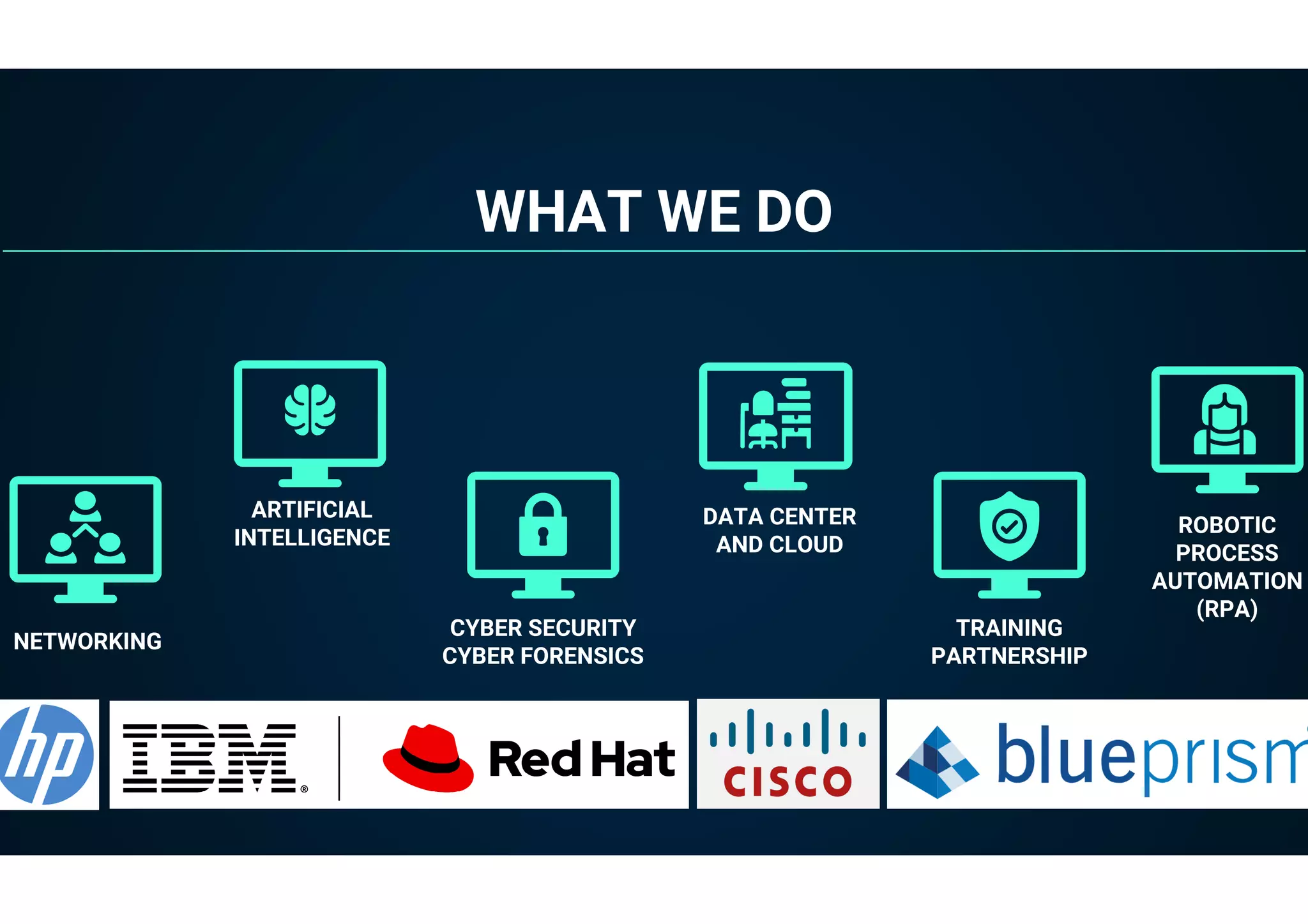 WHAT WE DO
CYBER SECURITY
CYBER FORENSICS
DATA CENTER
AND CLOUD
TRAINING
PARTNERSHIP
NETWORKING
ARTIFICIAL
INTELLIGENCE
ROBOTIC
PROCESS
AUTOMATION
(RPA)
 