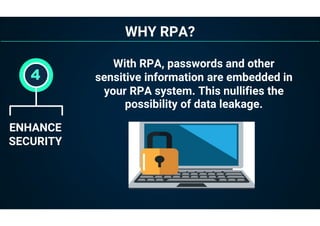 WHY RPA?
ENHANCE
SECURITY
4
With RPA, passwords and other
sensitive information are embedded in
your RPA system. This nullifies the
possibility of data leakage.
 