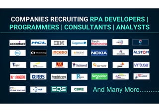 COMPANIES RECRUITING RPA DEVELOPERS |
PROGRAMMERS | CONSULTANTS | ANALYSTS
And Many More………
 