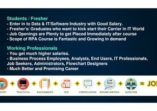 Students / Fresher
- Enter in to Data & IT/Software Industry with Good Salary.
- Fresher's/ Graduates who want to kick start their Carrier in IT World
- Job Openings are Plenty to get Placed Immediately after course
- Scope of RPA Course is Fantastic and Growing in demand
Working Professionals
- You get much higher salaries.
- Business Process Employees, Analysts, End Users, IT Professionals,
Job Seekers, Administrators, Flowchart Designers
- Much Better and Promising Career
 