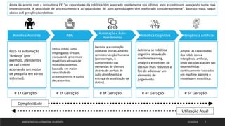 12/10/2019ROBOTIC PROCESS AUTOMATION - FELIPE ORTIZ 7
# 1ª Geração # 2ª Geração # 4ª Geração# 3ª Geração # 5ª Geração
Complexidade
Utilização Atual
Ainda de acordo com a consultoria EY, “as capacidades da robótica têm avançado rapidamente nos últimos anos e continuam avançando numa taxa
impressionante. A velocidade de processamento e as capacidades de auto-aprendizagem têm melhorado consideravelmente”. Baseado nisso, segue
abaixo as 5 gerações da robótica:
Robótica Assistida
Foco na automação
‘desktop’ (por
exemplo, atendentes
de call center
acionando um motor
de pesquisa em vários
sistemas).
RPA
Utiliza robôs como
empregados virtuais,
executando processos
repetitivos através de
múltiplos sistemas,
baseado em maior
velocidade de
processamento e custos
decrescentes.
Automação e Auto-
Atendimento
Permite a automação
direta de processamento
sem intervenção humana
(por exemplo, o
cumprimento das
demandas de clientes
através de portais de
auto-atendimento e
entrega de atualização de
status).
Robótica Cognitiva
Adiciona-se robótica
cognitiva através de
machine learning,
analytics e motores de
decisão mais robustos a
fim de adicionar um
elemento de
julgamento.
Inteligência Artificial
Amplia [as capacidades]
dos robôs com a
inteligência artificial,
onde decisões e ações são
desenvolvidas
continuamente baseadas
em machine learning e
modelagem estatística.
 