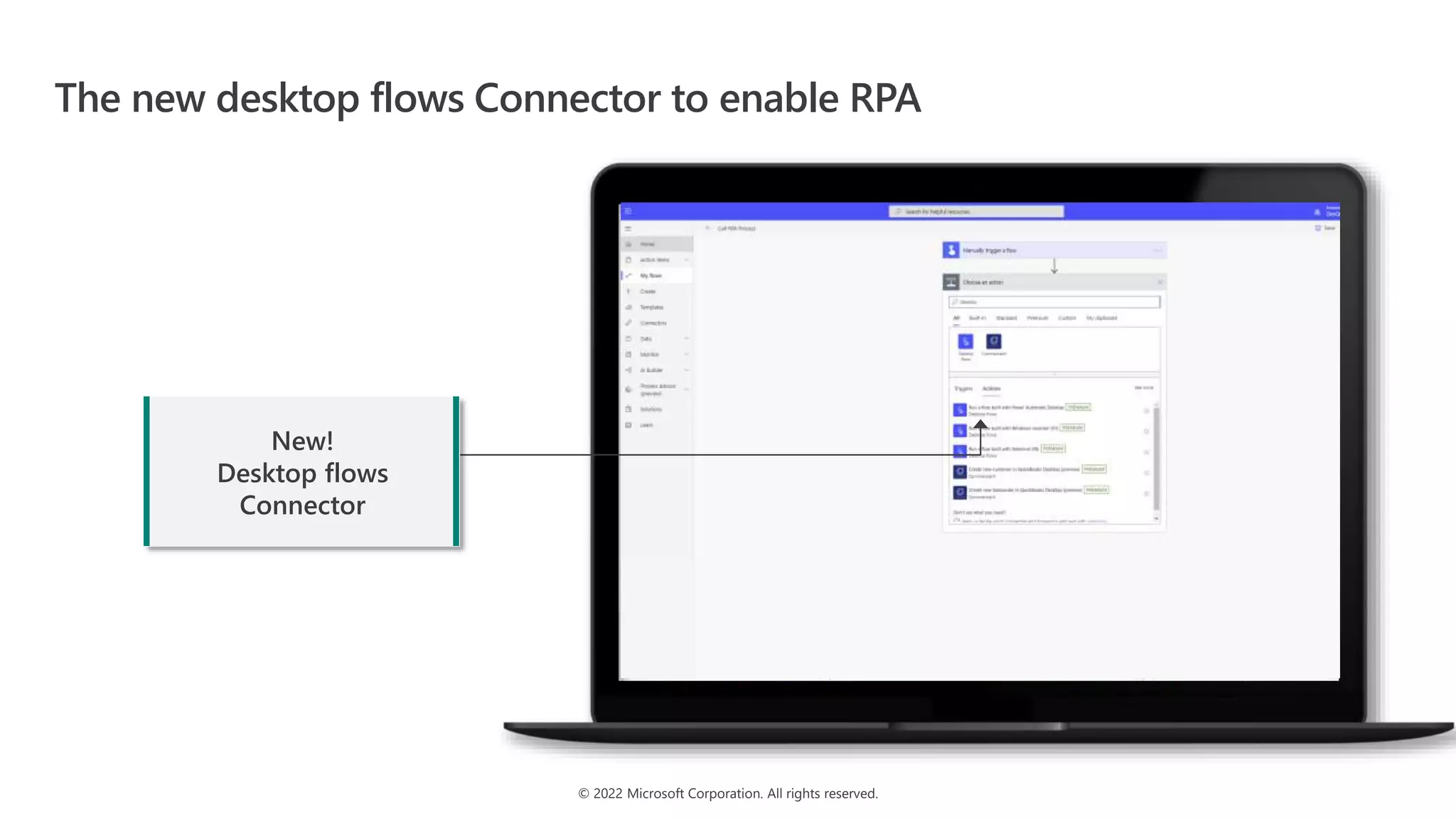 © 2022 Microsoft Corporation. All rights reserved.
The new desktop flows Connector to enable RPA
New!
Desktop flows
Connector
 