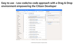 Easy to use - Low-code/no-code approach with a Drag & Drop
environment empowering the Citizen Developer
© 2020 Microsoft Corporation. All rights reserved.
 