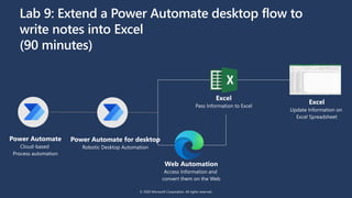 Power Automate
Cloud-based
Process automation
Lab 9: Extend a Power Automate desktop flow to
write notes into Excel
(90 minutes)
© 2020 Microsoft Corporation. All rights reserved.
Power Automate for desktop
Robotic Desktop Automation
Excel
Pass Information to Excel
Web Automation
Access Information and
convert them on the Web
Excel
Update Information on
Excel Spreadsheet
 
