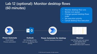 Power Automate
Cloud-based
Process automation
© 2020 Microsoft Corporation. All rights reserved.
Power Automate for desktop
Robotic Desktop Automation
Outlook
Get message priority
and use as desktop flow
priority
Monitor
Use Monitor and runs queue
to see desktop flows
execution queue
and details about each instance
Lab 12 (optional): Monitor desktop flows
(60 minutes)
 