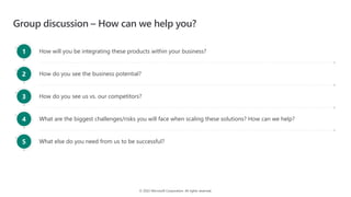 © 2022 Microsoft Corporation. All rights reserved.
Group discussion – How can we help you?
How will you be integrating these products within your business?
How do you see the business potential?
How do you see us vs. our competitors?
What are the biggest challenges/risks you will face when scaling these solutions? How can we help?
What else do you need from us to be successful?
1
2
3
4
5
 