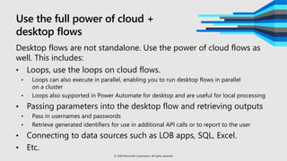 Use the full power of cloud +
desktop flows
Desktop flows are not standalone. Use the power of cloud flows as
well. This includes:
• Loops, use the loops on cloud flows.
• Loops can also execute in parallel, enabling you to run desktop flows in parallel
on a cluster
• Loops also supported in Power Automate for desktop and are useful for local processing
• Passing parameters into the desktop flow and retrieving outputs
• Pass in usernames and passwords
• Retrieve generated identifiers for use in additional API calls or to report to the user
• Connecting to data sources such as LOB apps, SQL, Excel.
• Etc.
© 2020 Microsoft Corporation. All rights reserved.
 