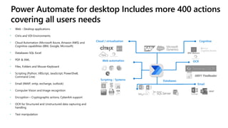 Cloud / virtualization
Web automation
Cognitive
Email
Scripting - Systems
OCR
Power Automate for desktop Includes more 400 actions
covering all users needs
• Web - Desktop applications
• Citrix and VDI Environments
• Cloud Automation (Microsoft Azure, Amazon AWS) and
Cognitive capabilities (IBM, Google, Microsoft)
• Databases-SQL Excel
• PDF & XML
• Files, Folders and Mouse-Keyboard
• Scripting (Python, VBScript, JavaScript, PowerShell,
Command Line)
• Email (IMAP, smtp, exchange, outlook)
• Computer Vision and Image recognition
• Encryption – Cryptographic actions, CyberArk support
• OCR for Structured and Unstructured data capturing and
handling
• Text manipulation
Databases
 