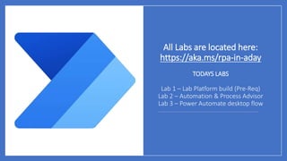All Labs are located here:
https://aka.ms/rpa-in-aday
TODAYS LABS
Lab 1 – Lab Platform build (Pre-Req)
Lab 2 – Automation & Process Advisor
Lab 3 – Power Automate desktop flow
 