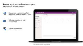 © 2022 Microsoft Corporation. All rights reserved.
Create new environments from
the Power Platform Admin Center
Select production or trial
environment
Specify your region
Power Automate Environments:
Easy to create, manage, monitor
 