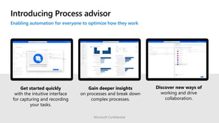 Introducing Process advisor
Get started quickly
with the intuitive interface
for capturing and recording
your tasks.
Gain deeper insights
on processes and break down
complex processes.
Discover new ways of
working and drive
collaboration.
Microsoft Confidential
 