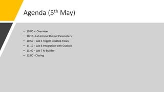 Agenda (5th May)
• 10:00 – Overview
• 10:10– Lab 4 Input Output Parameters
• 10:50 – Lab 5 Trigger Desktop Flows
• 11:10 – Lab 6 Integration with Outlook
• 11:40 – Lab 7 AI Builder
• 12:00 - Closing
 