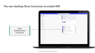© 2022 Microsoft Corporation. All rights reserved.
The new desktop flows Connector to enable RPA
New!
Desktop flows
Connector
 