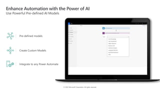 © 2022 Microsoft Corporation. All rights reserved.
Enhance Automation with the Power of AI
Pre-defined models
Create Custom Models
Integrate to any Power Automate
Use Powerful Pre-defined AI Models
 