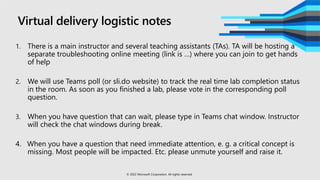 Virtual delivery logistic notes
1. There is a main instructor and several teaching assistants (TAs). TA will be hosting a
...