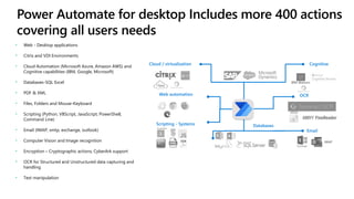 Cloud / virtualization
Web automation
Cognitive
Email
Scripting - Systems
OCR
Power Automate for desktop Includes more 400...