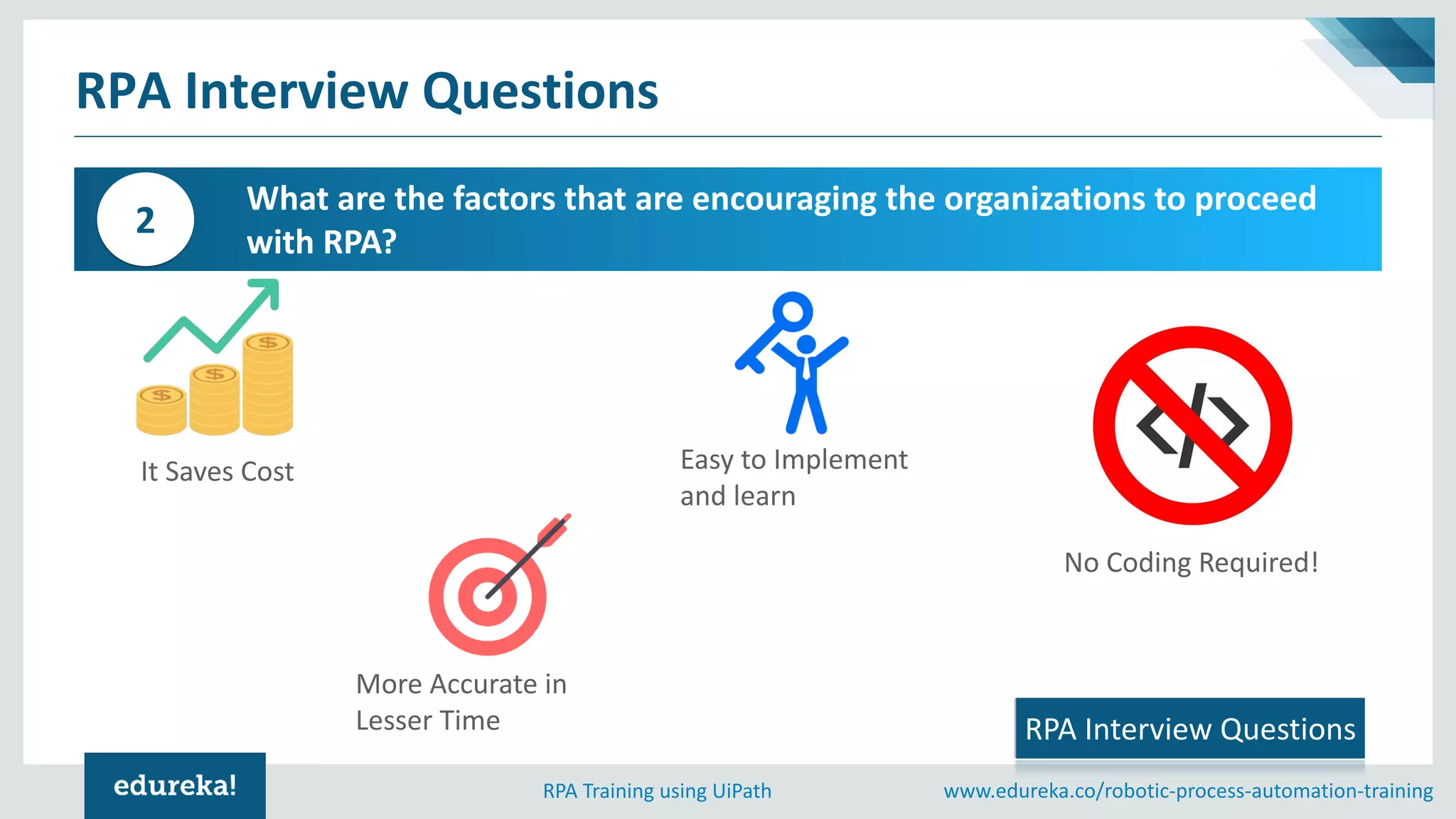 www.edureka.co/robotic-process-automation-trainingRPA Training using UiPath
What are the factors that are encouraging the organizations to proceed
with RPA?
2
RPA Interview Questions
RPA Interview Questions
It Saves Cost
More Accurate in
Lesser Time
Easy to Implement
and learn
No Coding Required!
 