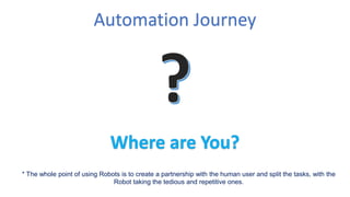 Automation Journey
* The whole point of using Robots is to create a partnership with the human user and split the tasks, with the
Robot taking the tedious and repetitive ones.
 