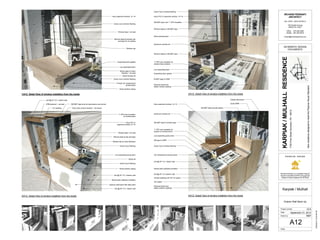 7
Paintyed gypsum wallboard
Inside Wall - 2 x 4 @ 24" O.C.
Air Control Layer
5/8" OSB sheathing
All seams primed, caulked, and taped
Dense pack cellulose insulation
R=60
Vapor Open
I N S I D EO U T S I D E
Vapor Control Layer
Rverse board and
batten cladding
3/4" furring - air space
Water Control Layer
Tyvek with seams taped
Thermal Control Layer
Celotex fiberboard sheathing
Outside Wall - 2 x 4 @ 24" O.C.
Scale
Project number
Date
Drawn by
AIA, CPHC, LEED AP BD+C
129 Sawkill Avenue
Milford PA 18337
Office 570 296 0466
Mobile 267 294 9818
richard@richardpedranti.com
KARPIAK/MULHALLRESIDENCE
1700PineStreetScranton,PA18510
SCHEMATIC DESIGN
DOCUMENTS
NewresidencedesignedtomeetthePassiveHouseStandard
Richard Pedranti is a Certified Passive
House Consultant (CPHC) through the
Passive House Institute US (PHIUS)
RICHARD PEDRANTI
ARCHITECT
P A S S I V E H O U S E
1 1/2" = 1'-0"
9/25/201210:29:45AM
A11
Schedules and Specifications
12-6
Karpiak / Mulhall
September 21, 2012
RBP
Door Schedule
Door
Number Door Size Head Height Manufacturer Model Description
Finish
U-value
Finish
Door Frame Comments
1 36" x 84" 6' - 8" Energate Vinyl Line 843 Exterior PH hinged PVC-U PVC-U 0.110
2 36" x 84" 6' - 8" Energate Vinyl Line 843 Exterior PH hinged PVC-U PVC-U 0.107
3 72" x 80" 6' - 8" Energate Vinyl Line 843 Exterior PH sliding PVC-U PVC-U 0.108
4 72" x 80" 6' - 8" Simpson Sliding closet door Wood Wood
5 30" x 80" 6' - 8" Simpson Flush solid core Wood Wood
6 30" x 80" 6' - 8" Simpson Flush solid core Wood Wood
7 30" x 80" 6' - 8" Simpson Flush solid core Wood Wood
8 30" x 80" 6' - 8" Simpson Flush solid core Wood Wood
9 30" x 80" 6' - 8" Simpson Flush solid core Wood Wood
10 30" x 80" 6' - 8" Simpson Flush solid core Wood Wood
11 48" x 80" 6' - 8" Simpson Sliding closet door Wood Wood
12 72" x 80" 6' - 8" Simpson Sliding closet door Wood PVC-U
13 72" x 80" 6' - 8" Simpson Sliding closet door Wood Wood
14 24" x 80" 6' - 8" Simpson Flush solid core Wood PVC-U
15 30" x 80" 6' - 8" Simpson Flush solid core Wood Wood
16 60" x 80" 6' - 8" Simpson Sliding closet door Wood PVC-U
17 60" x 80" 6' - 8" Simpson Sliding closet door Wood Wood
18 60" x 80" 6' - 8" Simpson Sliding closet door Wood PVC-U
19 60" x 80" 6' - 8" Simpson Sliding closet door Wood Wood
20 60" x 80" 6' - 8" Simpson Sliding closet door PVC-U PVC-U
21 72" x 80" 6' - 8" Energate Vinyl Line 843 Exterior PH sliding PVC-U PVC-U
22 72" x 80" 6' - 8" Energate Vinyl Line 843 Exterior PH sliding PVC-U PVC-U 0.108
23 30" x 80" 6' - 8" Hinged screen door Wood Wood 0.108
24 30" x 80" 6' - 6" Hinged screen door Wood Wood
Window Schedule
Mark
Rough Opening Head
Height Type Manufacturer Model Material
Glazing
Ug SHGC VT CommentsWidth Height Type
1 2' - 0" 2' - 6" 6' - 8" Casement with Trim Intus Windows Eforte PVC-U Triple glazed .123 53.2 71.3 In swing tilt/turn
2 2' - 0" 2' - 6" 6' - 8" Casement with Trim Intus Windows Eforte PVC-U Triple glazed .123 53.2 71.3 In swing tilt/turn
3 2' - 0" 2' - 6" 6' - 8" Casement with Trim Intus Windows Eforte PVC-U Triple glazed .123 53.2 71.3 In swing tilt/turn
4 2' - 0" 2' - 6" 6' - 8" Casement with Trim Intus Windows Eforte PVC-U Triple glazed .123 53.2 71.3 In swing tilt/turn
5 3' - 10" 4' - 0" 6' - 8" Fixed with Trim Intus Windows Eforte PVC-U Triple glazed .123 53.2 71.3
6 2' - 0" 4' - 0" 6' - 8" Casement with Trim Intus Windows Eforte PVC-U Triple glazed .123 53.2 71.3 In swing tilt/turn
7 5' - 0" 4' - 0" 7' - 0" Fixed with Trim Intus Windows Eforte PVC-U Triple glazed .123 53.2 71.3
8 6' - 0" 4' - 0" 6' - 8" Fixed with Trim Intus Windows Eforte PVC-U Triple glazed .123 53.2 71.3
9 3' - 10" 4' - 0" 6' - 8" Fixed with Trim Intus Windows Eforte PVC-U Triple glazed .123 53.2 71.3
10 3' - 0" 3' - 0" 6' - 8" Casement with Trim Intus Windows Eforte PVC-U Triple glazed .123 53.2 71.3 In swing tilt/turn
11 2' - 0" 2' - 6" 6' - 8" Casement with Trim Intus Windows Eforte PVC-U Triple glazed .123 53.2 71.3 In swing tilt/turn
12 2' - 0" 2' - 6" 6' - 8" Casement with Trim Intus Windows Eforte PVC-U Triple glazed .123 53.2 71.3 In swing tilt/turn
13 3' - 10" 4' - 0" 6' - 8" Fixed with Trim Intus Windows Eforte PVC-U Triple glazed .123 53.2 71.3
14 2' - 0" 4' - 0" 6' - 8" Casement with Trim Intus Windows Eforte PVC-U Triple glazed .123 53.2 71.3 In swing tilt/turn
15 2' - 0" 2' - 6" 6' - 8" Casement with Trim Intus Windows Eforte PVC-U Triple glazed .123 53.2 71.3 In swing tilt/turn
16 2' - 0" 2' - 6" 6' - 8" Casement with Trim Intus Windows Eforte PVC-U Triple glazed .123 53.2 71.3 In swing tilt/turn
17 2' - 0" 4' - 0" 6' - 8" Casement with Trim Intus Windows Eforte PVC-U Triple glazed .123 53.2 71.3 In swing tilt/turn
18 3' - 10" 4' - 0" 6' - 8" Fixed with Trim Intus Windows Eforte PVC-U Triple glazed .123 53.2 71.3
19 6' - 0" 4' - 0" 6' - 8" Fixed with Trim Intus Windows Eforte PVC-U Triple glazed .123 53.2 71.3
20 3' - 10" 4' - 0" 6' - 8" Fixed with Trim Intus Windows Eforte PVC-U Triple glazed .123 53.2 71.3
21 2' - 0" 4' - 0" 6' - 8" Casement with Trim Intus Windows Eforte PVC-U Triple glazed .123 53.2 71.3 In swing tilt/turn
22 3' - 0" 4' - 0" 6' - 8" Casement with Trim Intus Windows Eforte PVC-U .123 53.2 71.3 In swing tilt/turn
23 2' - 0" 4' - 0" 6' - 8" Casement with Trim Intus Windows Eforte PVC-U Triple glazed .123 53.2 71.3 In swing tilt/turn
Room Finish Schedule
Room
Number Room Name
Finish
CommentsFloor Base Wall Ceiling
1 Work Room Concrete 1 x 4 Gypbd Gypb
2 Recreational Space Concrete 1 x 4 Gypbd Gypb
3 Mud Room Tile Tile 42" Tile Gypb
4 Living Room Wood 1 x 4 Gypbd Gypb
5 Kitchen and Dining Wood 1 x 4 Gypbd Gypb
6 Screen Porch Fir 1 x 4 NA Wood
7 Deck Fir NA NA NA
8 Bedroom 2 Wood 1 x 4 Gypbd Gypb
9 Bedroom 1 Wood 1 x 4 Gypbd Gypb
10 Bath 1 Tile Tile 42" Tile Gypb
11 Closet Wood 1 x 4 Gypbd Gypb
12 Bath 2 Tile Tile 42" Tile Gypb
13 Master Bedroom Wood 1 x 4 Gypbd Gypb
14 Hall Wood 1 x 4 Gypbd Gypb
15 Mechanical Room Concrete 1 x 4 Gypbd Gypb
16 Laundry Room Concrete 1 x 4 Gypbd Gypb
17 Powder Room Tile Tile 42" Tile Gypb
18 Greenhouse Concrete NA NA NA
19 Closet Concrete 1 x 4 Gypbd Gypb
Annual Heating Load 4.75 KBTU/ft2 yr
Annual Cooling Load 4.75 KBTU/ft2 yr
Peak heat load 3.17 KBTU/hr ft2
Peak cooling load 2.54 KBTU/hr ft2
Annual Primary Energy 38 KBTU/ft2 yr
Air tightness .6 ACH@50Pa
Ventilation 75% recovery
Thermal envelope 38.5 hr ft2 f/BTU
Thermal bridge free .006 BTU/hr ft2 f
U value- installed win .15 BTU/hr ft2 f
SHGC 50% to 55%
Max delta int air/sur 7.2 F
Min vent F winter 62 F
Max heat coil F 125.6 F
DHW per person 6.6 gal/occupant@140 F
Max occupant sq/ft 377 sq/ft per occupant
Indoor surface temps 68F
Minimum wall surface temp 64F
Minimum indoor window temp 60.8F
Cooling season design temp 77F
1 1/2" = 1'-0"
1
Typical Exterior Wall Construction
1. Water Control Layer A sheet, spray or trowel-applied membrane or material layer that controls the passage of liquid water.
2. Air Control Layer Air control layers are materials designed and constructed to control air flow across a building enclosure.
3. Vapor Control Layer The components that are designed and installed in an assembly to control the movement of water by vapor diffusion.
4. Thermal Control Layer The layer in a building enclosure that controls the transfer of energy (heat) between the interior and the exterior.
Hygrothermal Layers
Passive House Design Parameters
Outline specification of Building Assemblies
1. Foundation Slab Assembly R=45 +/-
Provide 4"reinforced concrete slab over 8" of rigid insulation. Provide
continuous polyethelene air barrier under slab and taped to exterior
walls.
2. Foundation Wall Assembly R=50 +/-
Provide 8" poured concrete Insulated Concrete Form (ICF) foundation
walls with interior 2x4 @ 24" O.C. stud wall with 3.5" of rock wool
insulation and painted gypsum board wall finish. Provide veneer stone
on exterior face of ICF wall above grade.
3. Exterior Wall Assembly R=71+/-
Provide double 2x4 @ 24" O.C. exterior walls with interior painted
gypsum wallboard finish, 3 1/2" rock wool insulation in service cavity,
OSB air barrier on outside face of interior 2x4 wall with seams primed,
caulked, taped , dense pack cellulose cavity insulation, celotex
fiberboard sheathing, Tyvek house wrap with seams taped, 3/4" furing
strips (air space), reverse board and batten cladding with painted finish.
4. Roof Assembly R=85+/-
Provide raised heel roof truss at 24" O.C. with interior painted gypsum
walboard finish, 2x4 service cavity ceiling with rock wool insulation,
OSB air barrier with seams primed, caulked, taped at bottom of truss,
loose fill cellulose insulation, celotex structodek roof sheathing, Tyvek
house wrap with seamms taped, 3/4" furring strips (air space), metal
panel roofing.
Advanced Framing
Advanced house framing, sometimes called optimum value engineering
(OVE), refers to framing techniques designed to reduce the amount of lumber
used and waste generated in the construction of a wood-framed house. These
techniques boost energy efficiency by replacing lumber with insulation material
while maintaining the structural integrity of the home. Advanced framing
improves the whole-wall R-value by reducing thermal bridging (thermal flow
that occurs when materials that are poor insulators displace insulation)
through the framing and maximizing the insulated wall area.
These techniques include
• Designing homes on 2-foot modules to make the best use of common sheet
good sizes and reduce waste and labor.
• Spacing wall studs up to 24 inches on-center.
• Spacing floor joists and roof rafters up to 24 inches on-center.
• Using two-stud corner framing and inexpensive drywall clips or scrap lumber
for drywall backing instead of studs.
• Eliminating headers in non-load-bearing walls.
• Using in-line framing in which floor, wall, and roof framing members are
vertically in line with one another and loads are transferred directly downward.
• Using single lumber headers and top plates when appropriate.
Construction Means and Methods
Note: All control layers shall be continuous at walls, ceilings, and floors.
For further information on advanced framing techniques and details
see Building Science Corporation BSC-030 Advanced Framing
Raised heel
No headers in
non bearing
wall
Single stud at
rough opening
No cripples
2 stud corner
Roof trusses
line up wall
and floor
Single top plate
Single top plate
Point load
transfered
between studs
with closure
material and
solid blocking
Advanced Framing Isometric
Two stud corner
Clip support for
gypsum board
Single top plate
Single header
with cavity
open for inteior
insulation2x6
Connector plate
Clip support for
gypsum board
Advanced framing corner detail Advanced framing interior partition detail Advanced framing header detail
 