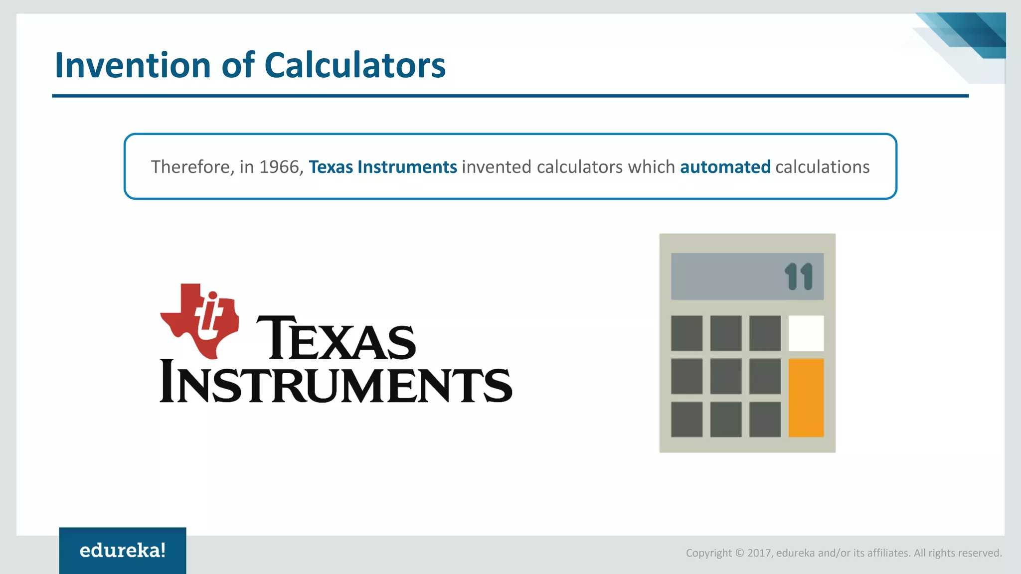 Copyright © 2017, edureka and/or its affiliates. All rights reserved.
Invention of Calculators
Therefore, in 1966, Texas Instruments invented calculators which automated calculations
 