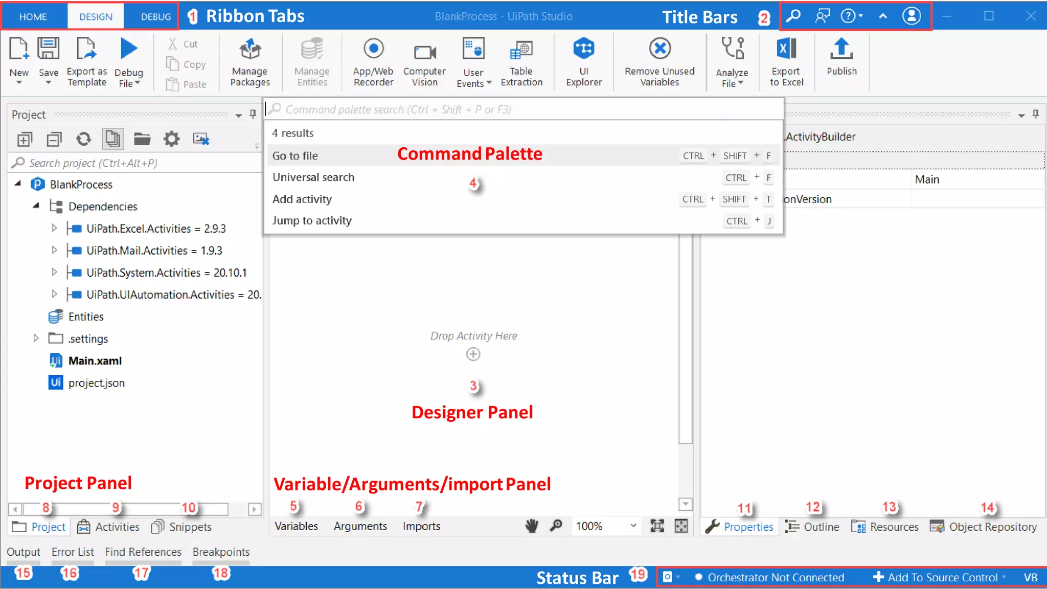 Ribbon Tabs Title Bars
Designer Panel
CommandPalette
Variable/Arguments/importPanel
Project Panel
Status Bar
 