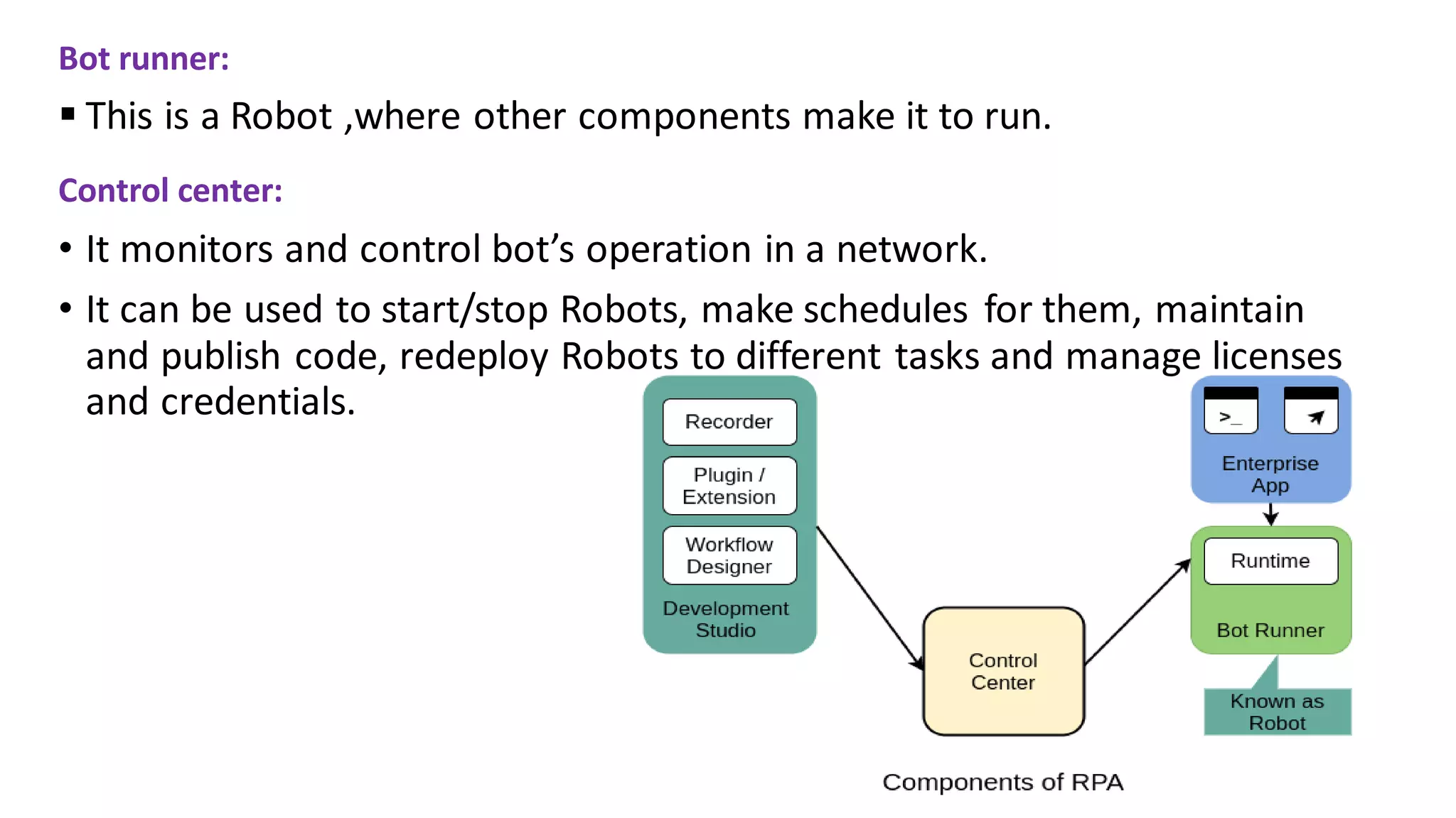 Bot runner:
 This is a Robot ,where other components make it to run.
Control center:
• It monitors and control bot’s operation in a network.
• It can be used to start/stop Robots, make schedules for them, maintain
and publish code, redeploy Robots to different tasks and manage licenses
and credentials.
 