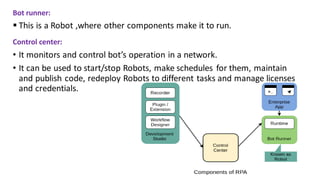 Bot runner:
 This is a Robot ,where other components make it to run.
Control center:
• It monitors and control bot’s operation in a network.
• It can be used to start/stop Robots, make schedules for them, maintain
and publish code, redeploy Robots to different tasks and manage licenses
and credentials.
 