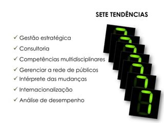 SETE TENDÊNCIAS


 Gestão estratégica
 Consultoria
 Competências multidisciplinares
 Gerenciar a rede de públicos
 Intérprete das mudanças
 Internacionalização
 Análise de desempenho
 