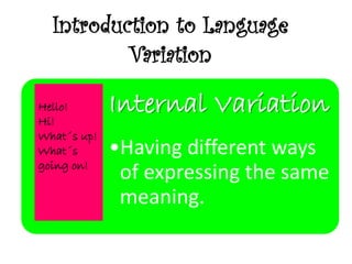 Introduction to Language
Variation
Hello!
Hi!
What´s up!
What´s
going on!

Internal Variation
•Having different ways
of expressing the same
meaning.

 