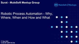17 Sep 2022
14:00 IST (GMT+05:30)
Surat - MuleSoft Meetup Group
Robotic Process Automation - Why,
Where, When and How and What
 