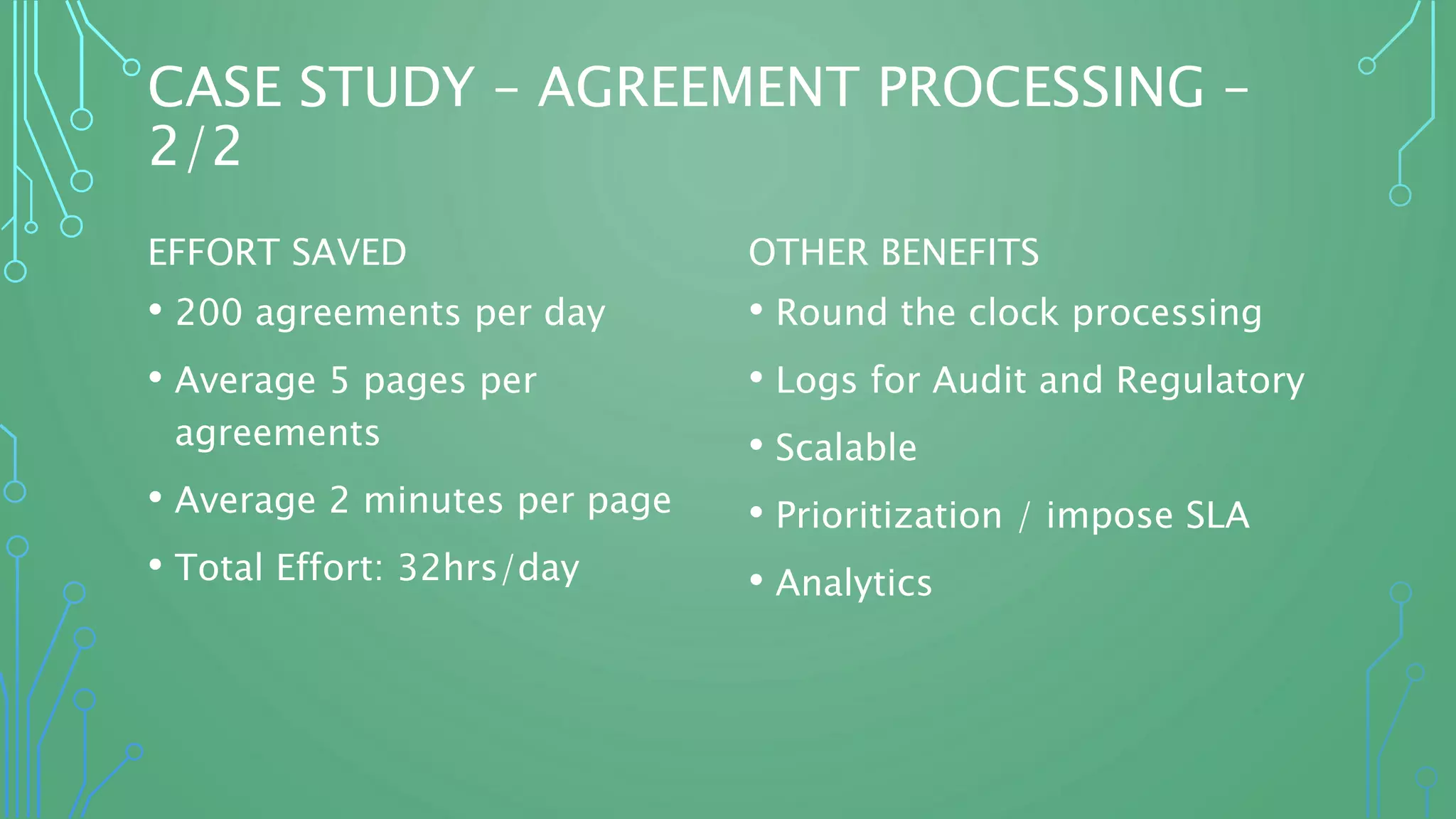 CASE STUDY – AGREEMENT PROCESSING –
2/2
EFFORT SAVED
• 200 agreements per day
• Average 5 pages per
agreements
• Average 2 minutes per page
• Total Effort: 32hrs/day
OTHER BENEFITS
• Round the clock processing
• Logs for Audit and Regulatory
• Scalable
• Prioritization / impose SLA
• Analytics
 