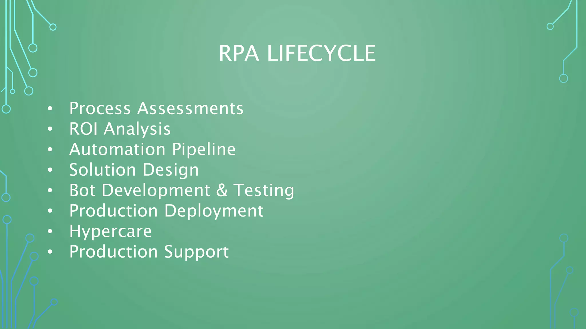 RPA LIFECYCLE
• Process Assessments
• ROI Analysis
• Automation Pipeline
• Solution Design
• Bot Development & Testing
• Production Deployment
• Hypercare
• Production Support
 