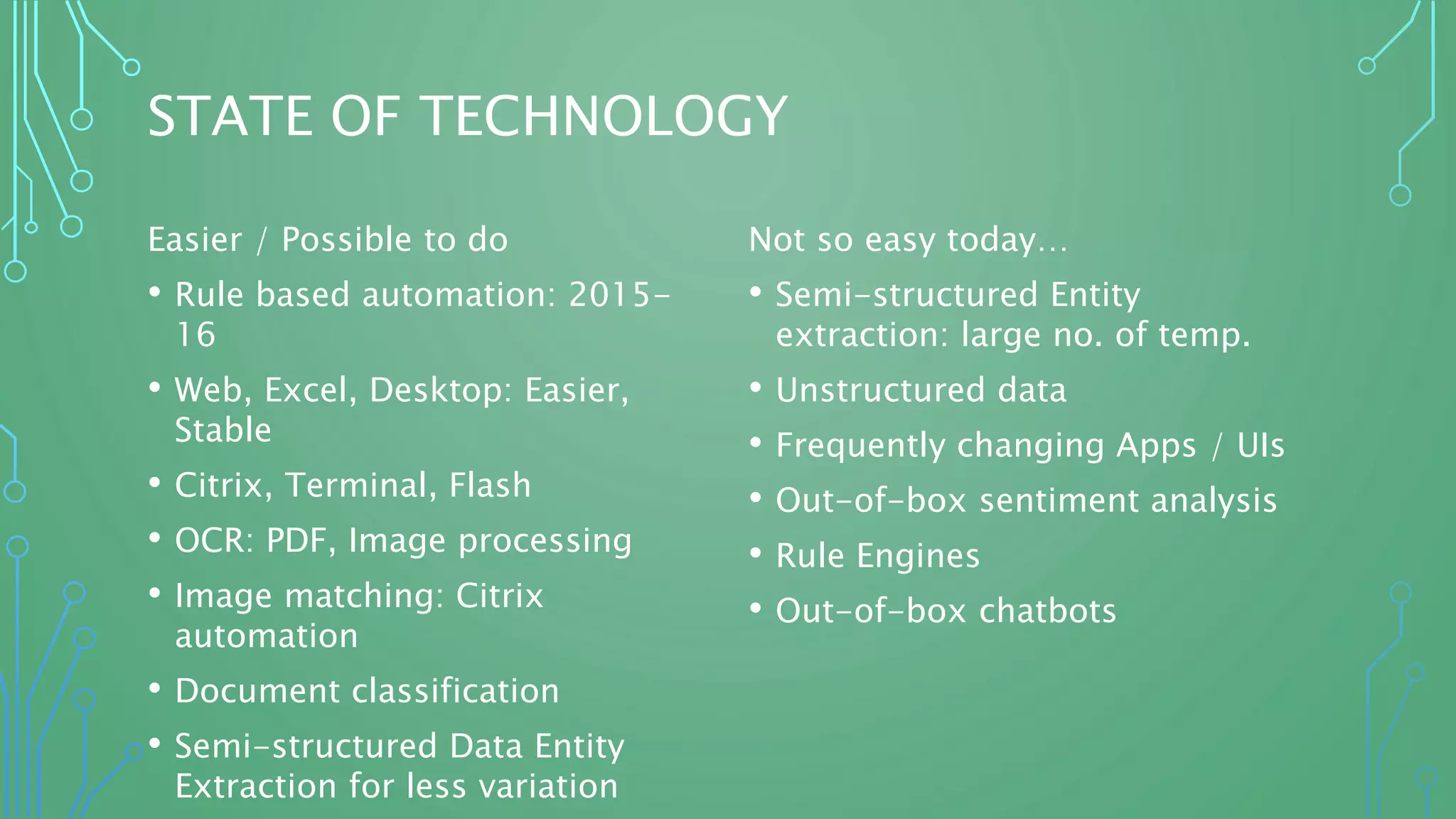 STATE OF TECHNOLOGY
Easier / Possible to do
• Rule based automation: 2015-
16
• Web, Excel, Desktop: Easier,
Stable
• Citrix, Terminal, Flash
• OCR: PDF, Image processing
• Image matching: Citrix
automation
• Document classification
• Semi-structured Data Entity
Extraction for less variation
Not so easy today…
• Semi-structured Entity
extraction: large no. of temp.
• Unstructured data
• Frequently changing Apps / UIs
• Out-of-box sentiment analysis
• Rule Engines
• Out-of-box chatbots
 