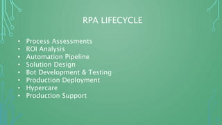 RPA LIFECYCLE
• Process Assessments
• ROI Analysis
• Automation Pipeline
• Solution Design
• Bot Development & Testing
• Production Deployment
• Hypercare
• Production Support
 